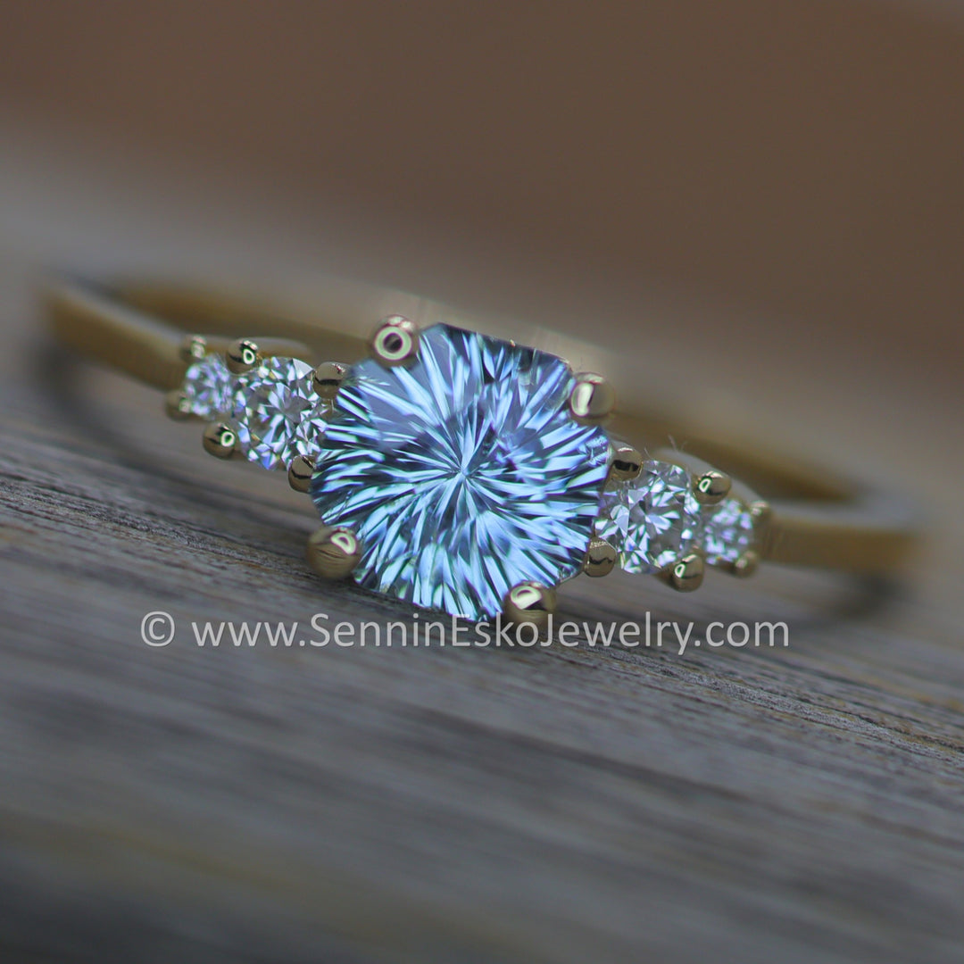 Five Stone Diamond Accented Multi Prong Setting - Depicted with a Sky Blue Montana Sapphire (Setting Only, Center Stone Sold Separately)