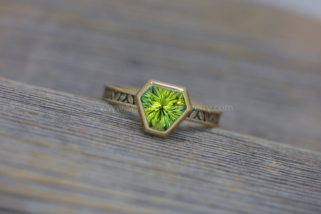 READY TO SHIP 1.5 Carat Yellow/Green Sapphire Triangle Gold Bezel Leaf Ring - Size 6.5
