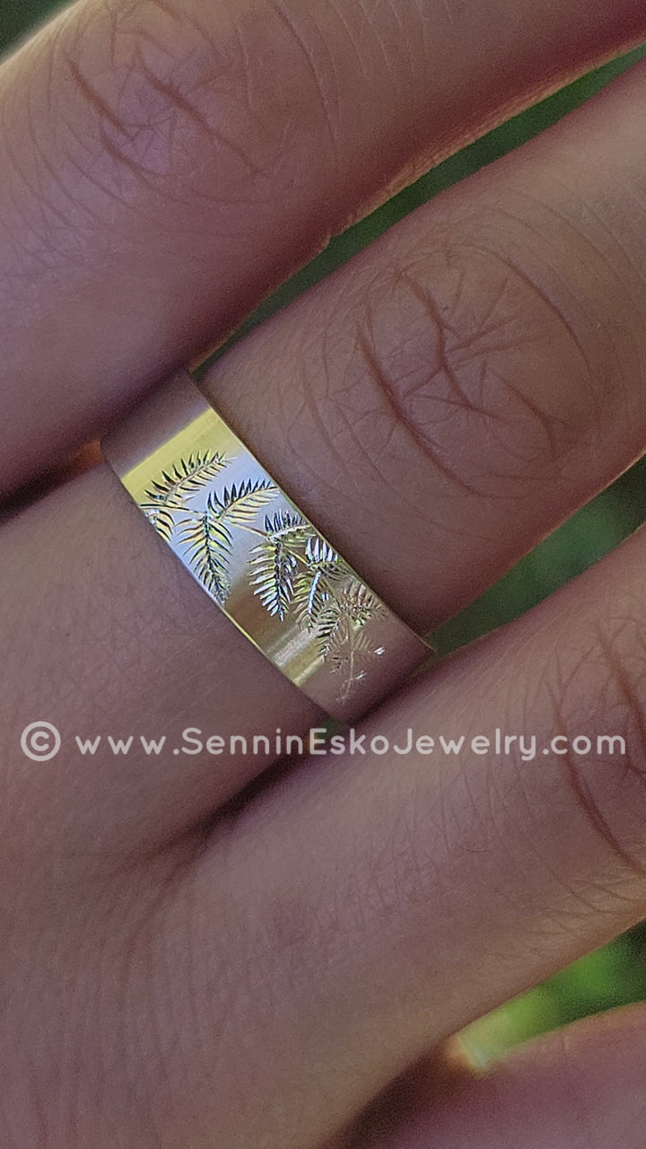 Pine Sprig Silver Band - Ready To Ship Size 9 - 925 Sterling Silver Bright Cut Engraving