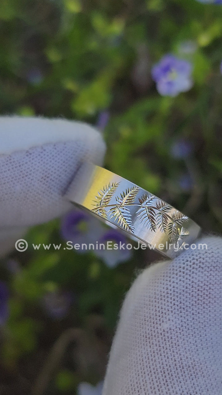 Pine Sprig Silver Band - Ready To Ship Size 9 - 925 Sterling Silver Bright Cut Engraving