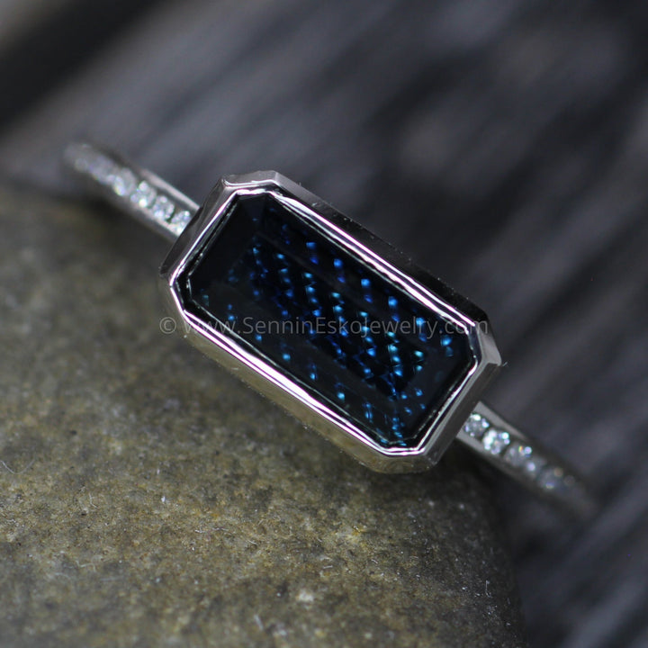 Channel Accented Bezel Ring Setting - Fantasy cut Blue Sapphire Depicted (Setting Only, Center Stone Sold Separately) Sennin Esko Jewelry Aquamarine Bezel, Aquamarine Gold, Aquamarine Sapphire, Aqumarine Engagement, Blue Sapphire Bezel, D Loose Settings