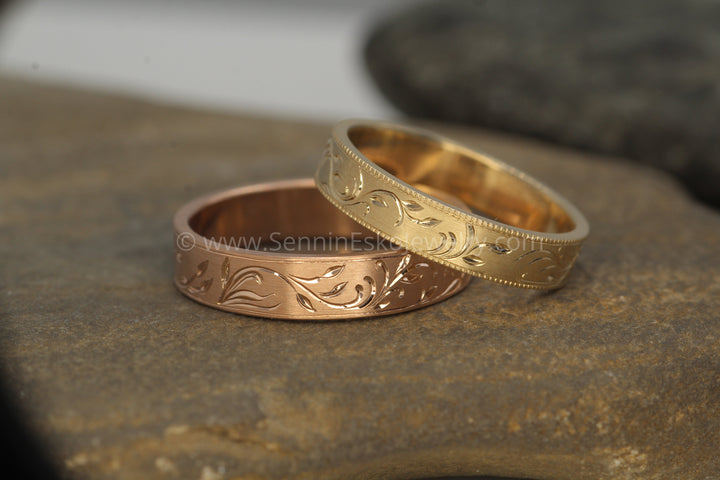 4x1mm Branches and Leaves Variation 1 14kt Yellow Gold Bright Cut Engraved Band Sennin Esko Jewelry Branch Ring, Branches and LEaves, Bright Cut Ring, Engraved band, Engraved Branch Ring, Engraved Lea ENGRAVABLE BANDS/WEDDING