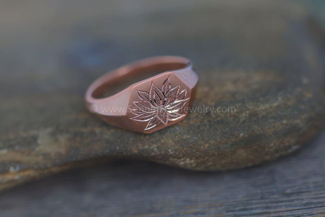 Lotus Signet Ring - 14kt Rose Gold Bright Cut Engraving
