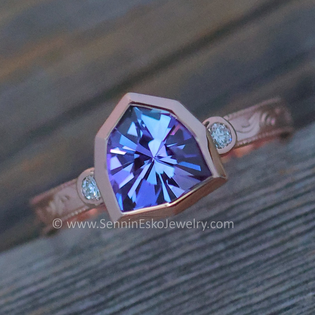 Purple Tanzanite Branches & Leaves Engraved Multi Bezel Ring