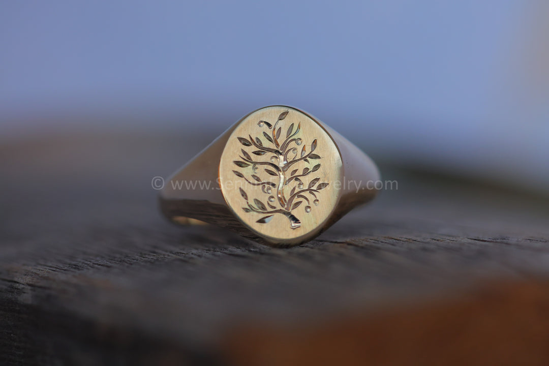 Tree Of Life Signet - Ready To Ship - 14kt Yellow Gold Bright Cut Engraving