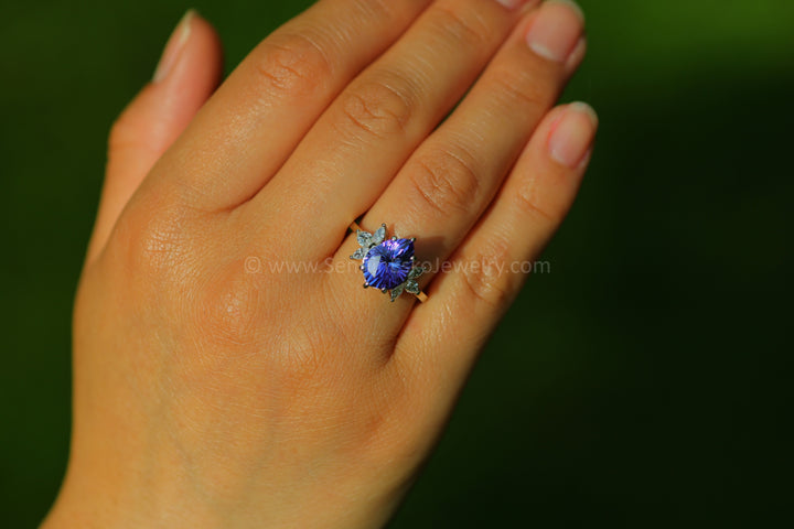 18kt Gold Multi Prong Setting with Large Diamond Marquise Accents - Depicted with a 3.9 Carat Tanzanite Tear Drop (Setting Only, Center Stone Sold Separately)