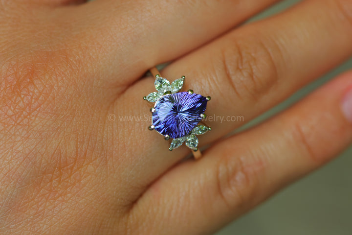 18kt Gold Multi Prong Setting with Large Diamond Marquise Accents - Depicted with a 3.9 Carat Tanzanite Tear Drop (Setting Only, Center Stone Sold Separately)