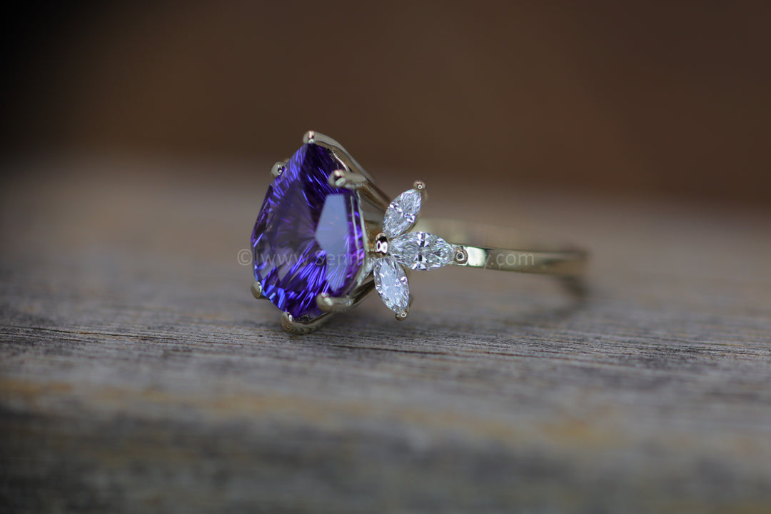 18kt Gold Multi Prong Setting with Large Diamond Marquise Accents - Depicted with a 3.9 Carat Tanzanite Tear Drop (Setting Only, Center Stone Sold Separately)