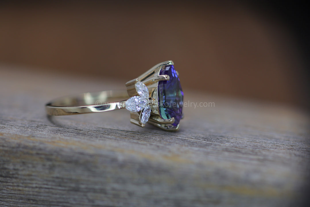 18kt Gold Multi Prong Setting with Large Diamond Marquise Accents - Depicted with a 3.9 Carat Tanzanite Tear Drop (Setting Only, Center Stone Sold Separately)