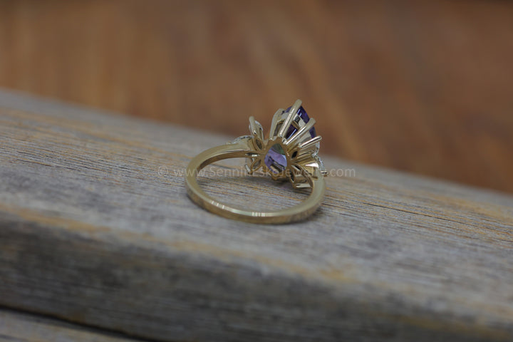 18kt Gold Multi Prong Setting with Large Diamond Marquise Accents - Depicted with a 3.9 Carat Tanzanite Tear Drop (Setting Only, Center Stone Sold Separately)