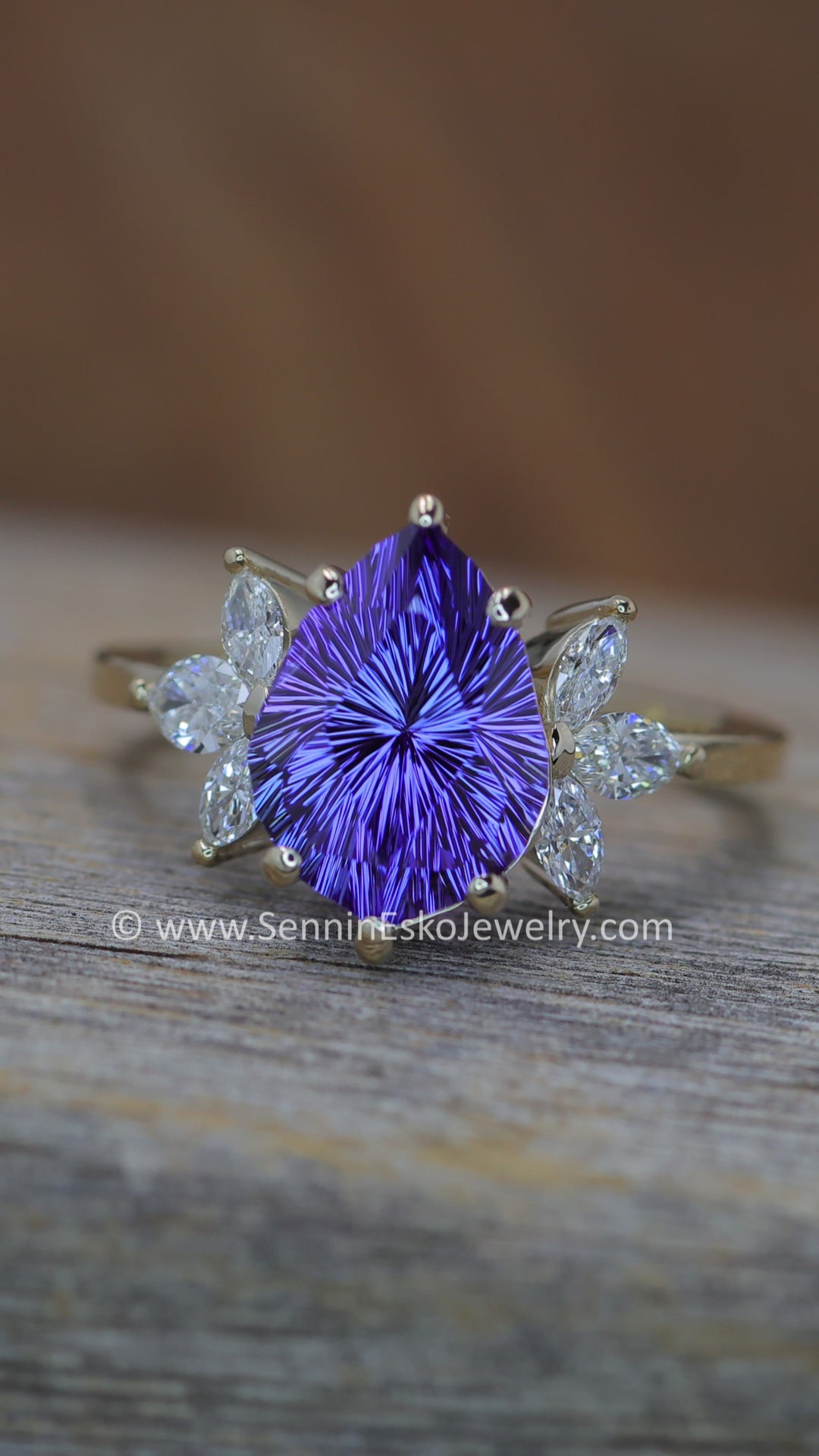 18kt Gold Multi Prong Setting with Large Diamond Marquise Accents - Depicted with a 3.9 Carat Tanzanite Tear Drop (Setting Only, Center Stone Sold Separately)