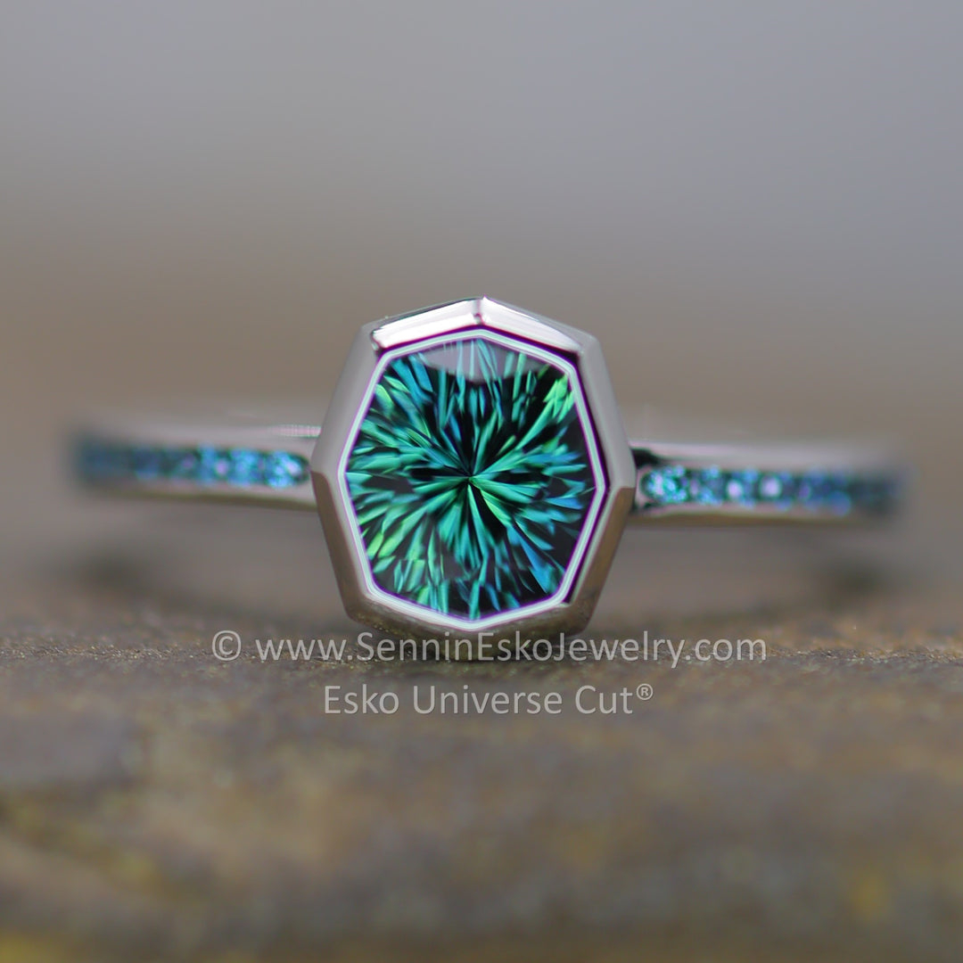 Platinum Bezel & Diamond Accent Channel Ring Setting - Depicted with a Blue/Green Sapphire  (Setting Only, Center Stone Sold Separately)