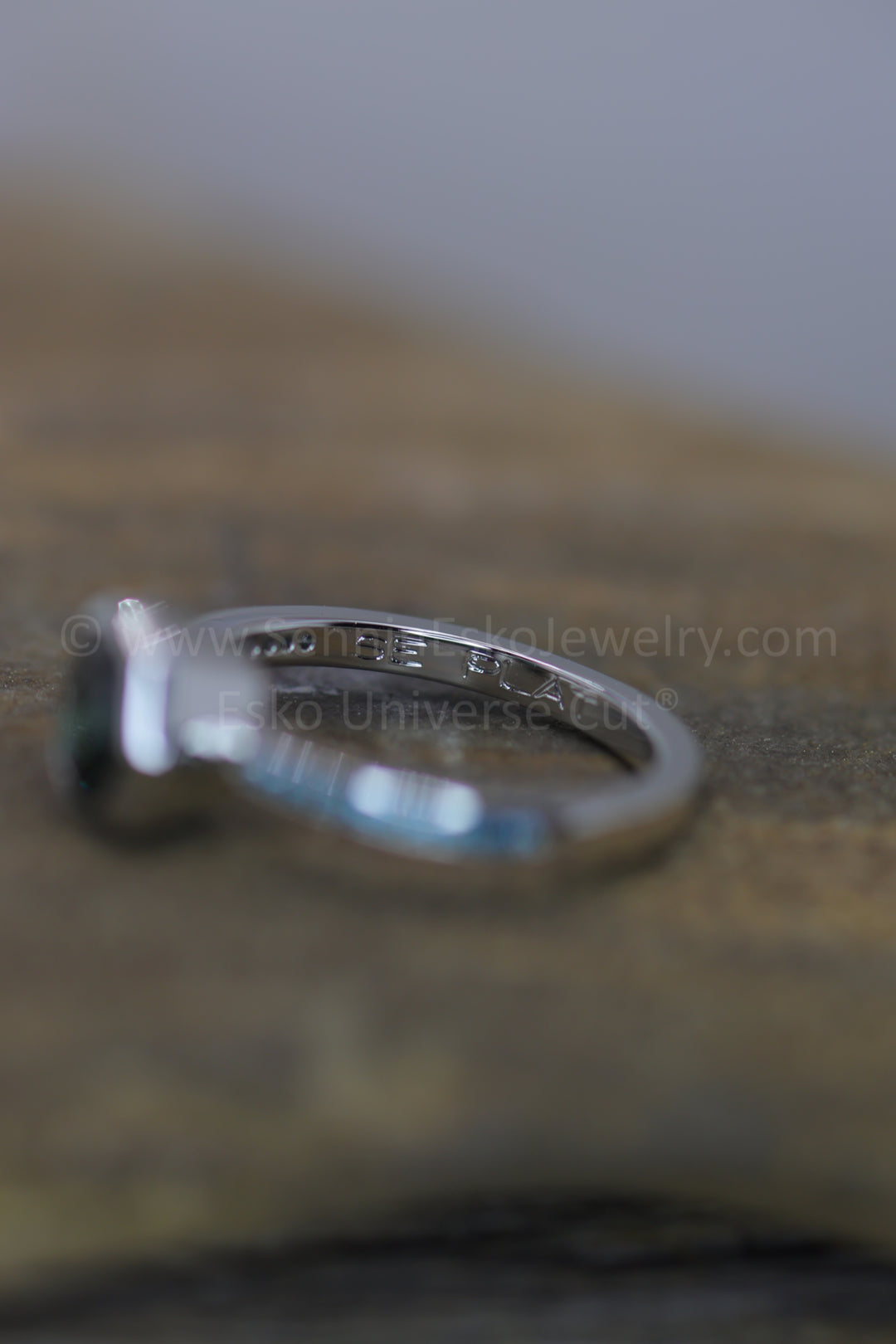 Platinum Bezel & Diamond Accent Channel Ring Setting - Depicted with a Blue/Green Sapphire  (Setting Only, Center Stone Sold Separately)