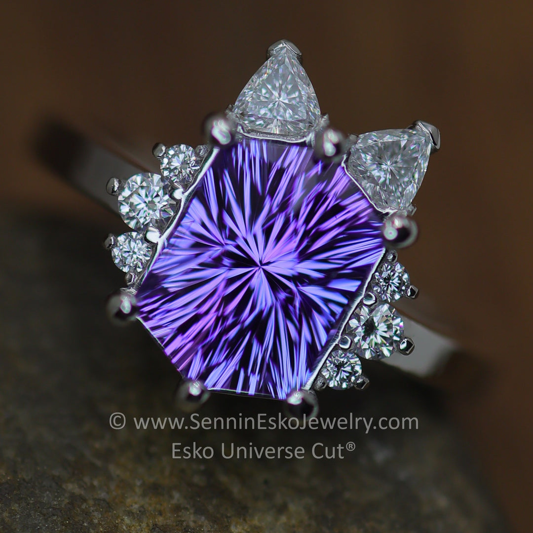 Platinum Diamond Accented Cat Inspired Ring Setting - Depicted with a Blue/Tanzanite Hexagon (Setting Only, Center Stone Sold Separately)
