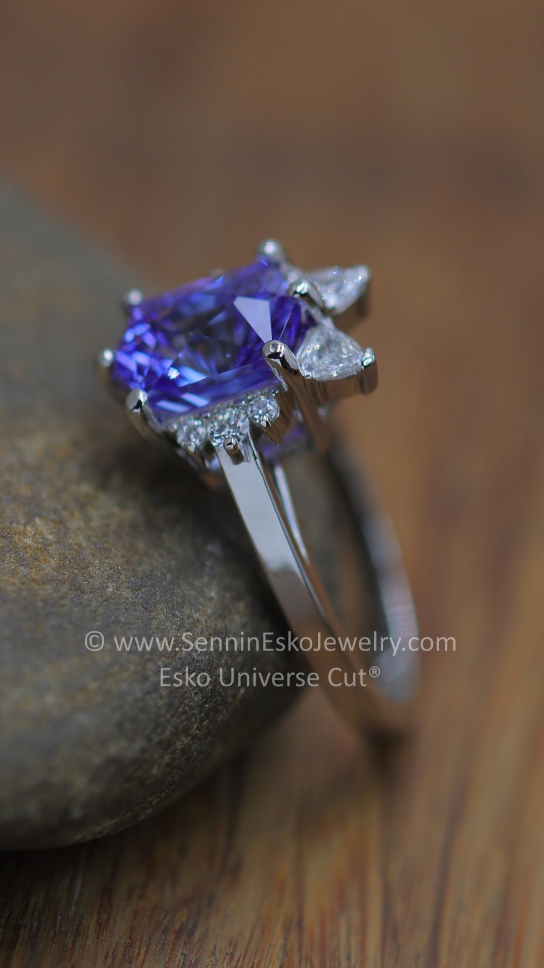 Platinum Diamond Accented Cat Inspired Ring Setting - Depicted with a Blue/Tanzanite Hexagon (Setting Only, Center Stone Sold Separately)