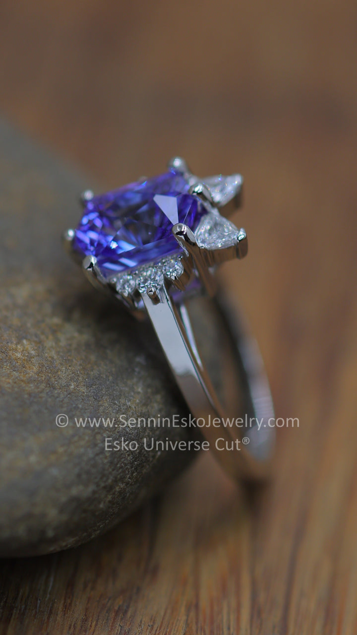 Platinum Diamond Accented Cat Inspired Ring Setting - Depicted with a Blue/Tanzanite Hexagon (Setting Only, Center Stone Sold Separately)
