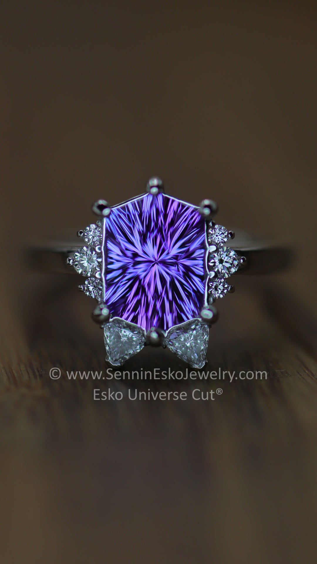 Platinum Diamond Accented Cat Inspired Ring Setting - Depicted with a Blue/Tanzanite Hexagon (Setting Only, Center Stone Sold Separately)