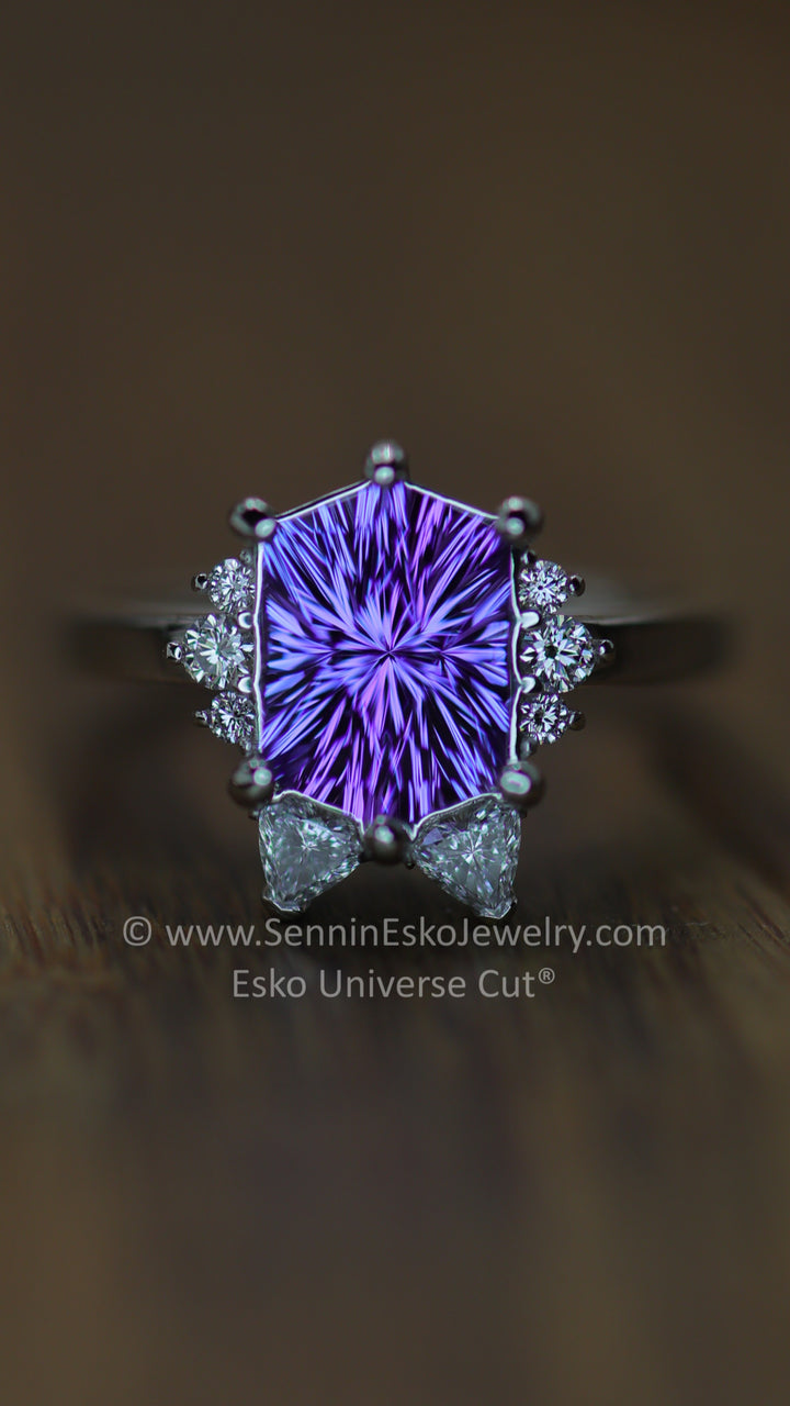 Platinum Diamond Accented Cat Inspired Ring Setting - Depicted with a Blue/Tanzanite Hexagon (Setting Only, Center Stone Sold Separately)