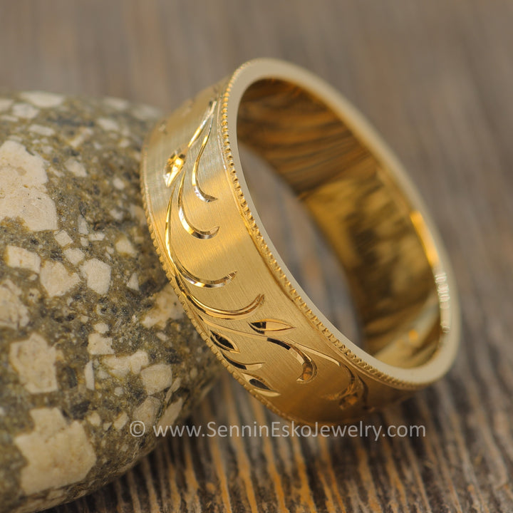 6x1mm Branches and Leaves Ring 14kt Yellow Gold Bright Cut Engraved Band