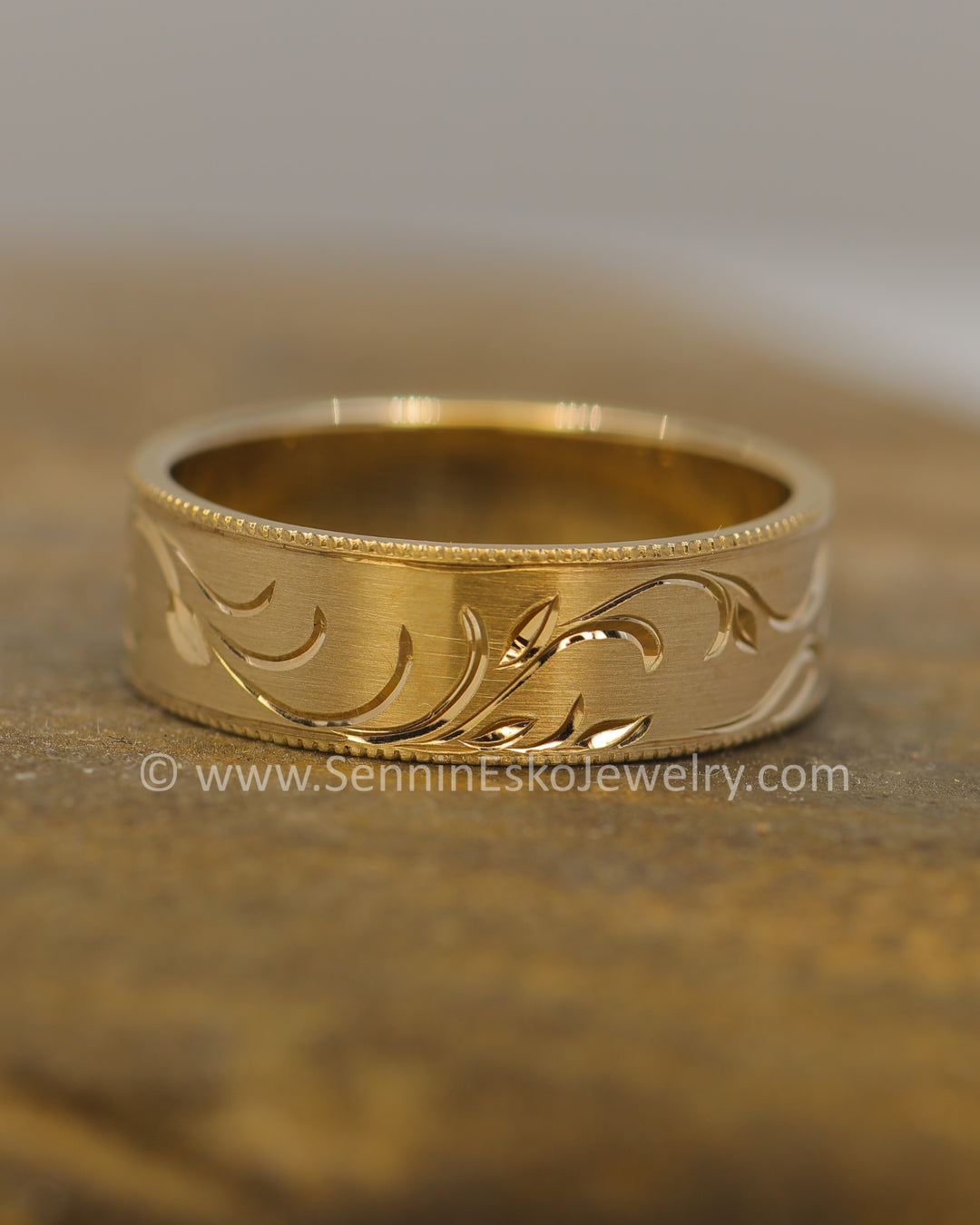 6x1mm Branches and Leaves Ring 14kt Yellow Gold Bright Cut Engraved Band