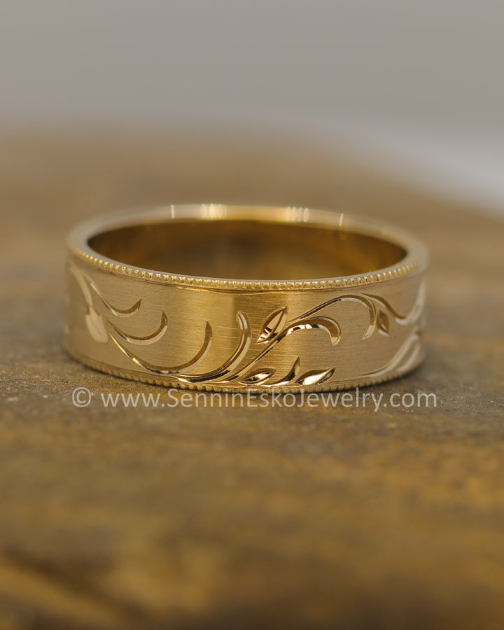 6x1mm Branches and Leaves Ring 14kt Yellow Gold Bright Cut Engraved Band