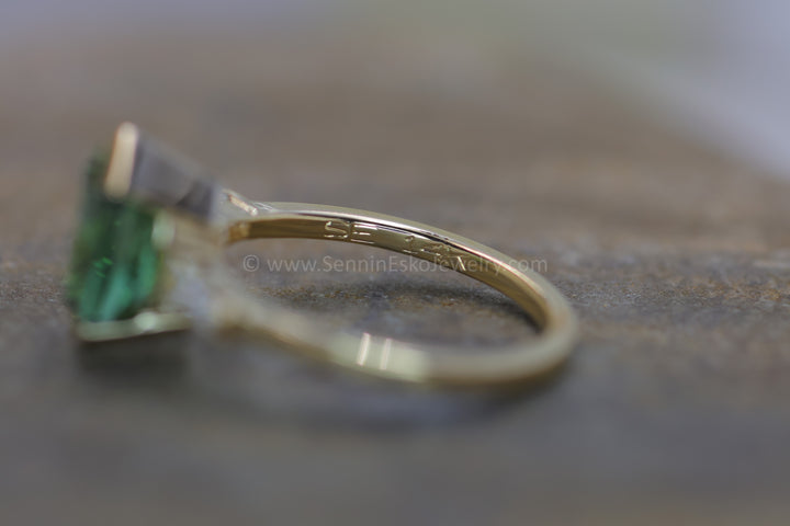 Open Channel Set Ring with Tapered Diamond Baguettes in 14kt Yellow Gold - Depicted with a 2.6 Carat Mint Tourmaline (Setting Only, Center Stone Sold Separately)