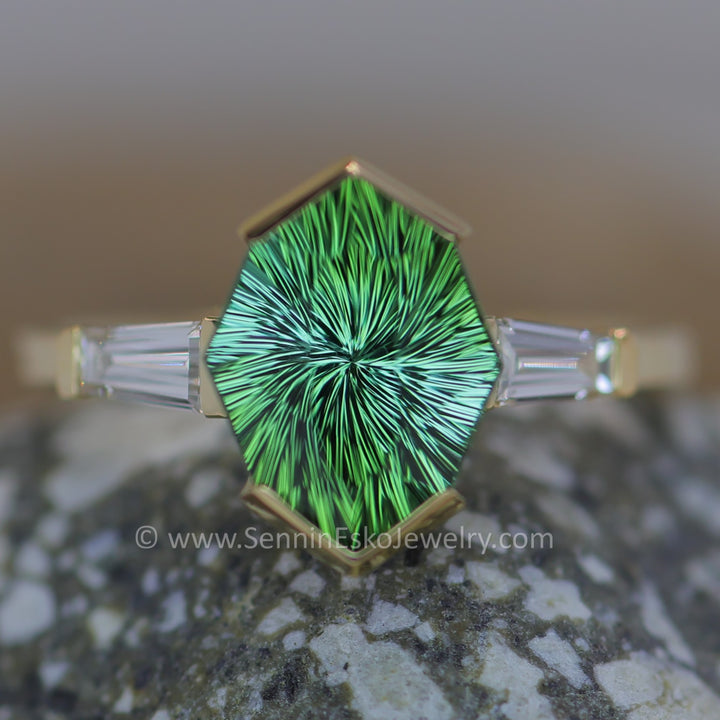 Open Channel Set Ring with Tapered Diamond Baguettes in 14kt Yellow Gold - Depicted with a 2.6 Carat Mint Tourmaline (Setting Only, Center Stone Sold Separately)