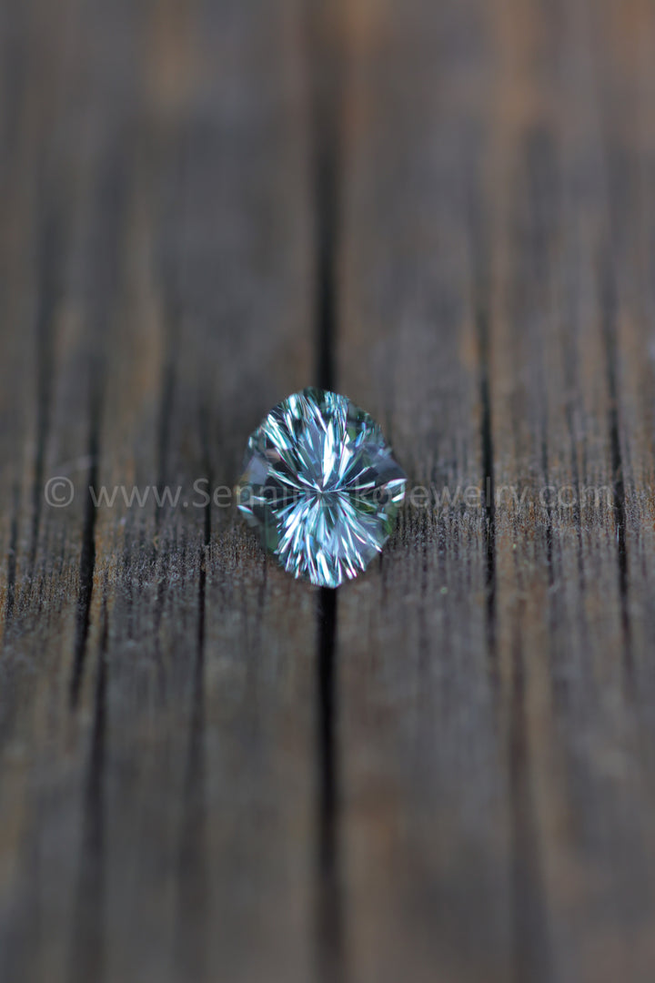 1.3 Carat Silvery Green Blue Sapphire Dodecagon -  Fantasy Cut