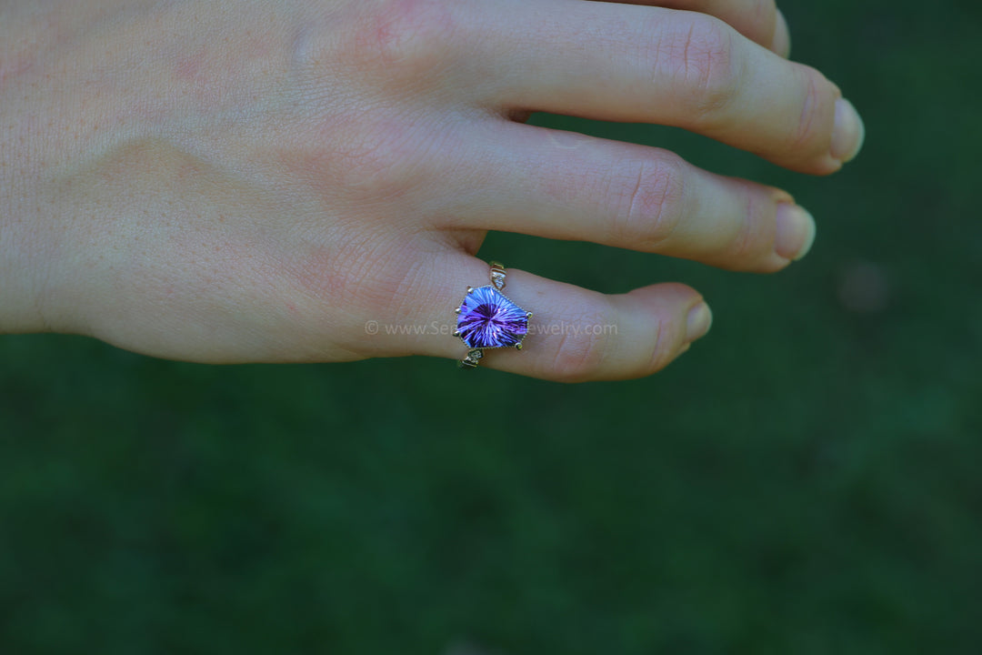 Collet Setting with Milgrain Edge and Accent Diamonds - Depicted with a Purple Tanzanite (Setting Only, Center Stone Sold Separately)