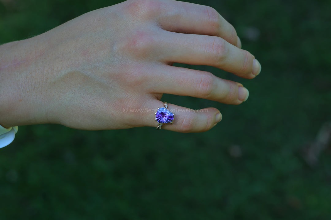 Collet Setting with Milgrain Edge and Accent Diamonds - Depicted with a Purple Tanzanite (Setting Only, Center Stone Sold Separately)