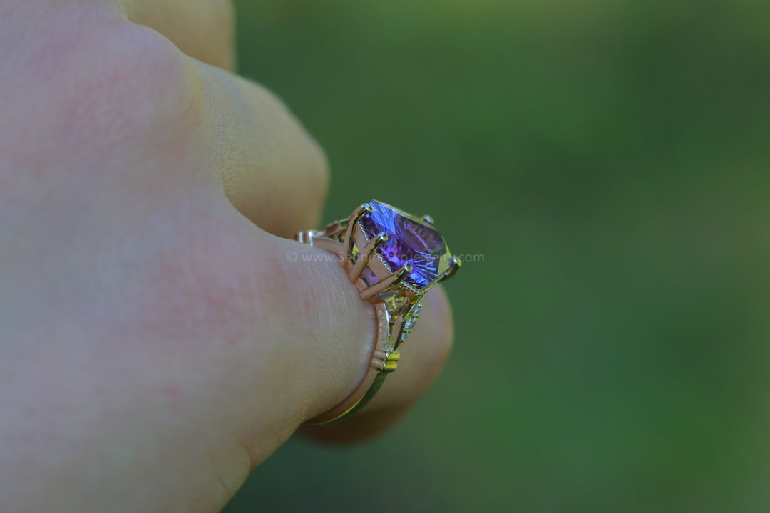 Collet Setting with Milgrain Edge and Accent Diamonds - Depicted with a Purple Tanzanite (Setting Only, Center Stone Sold Separately)