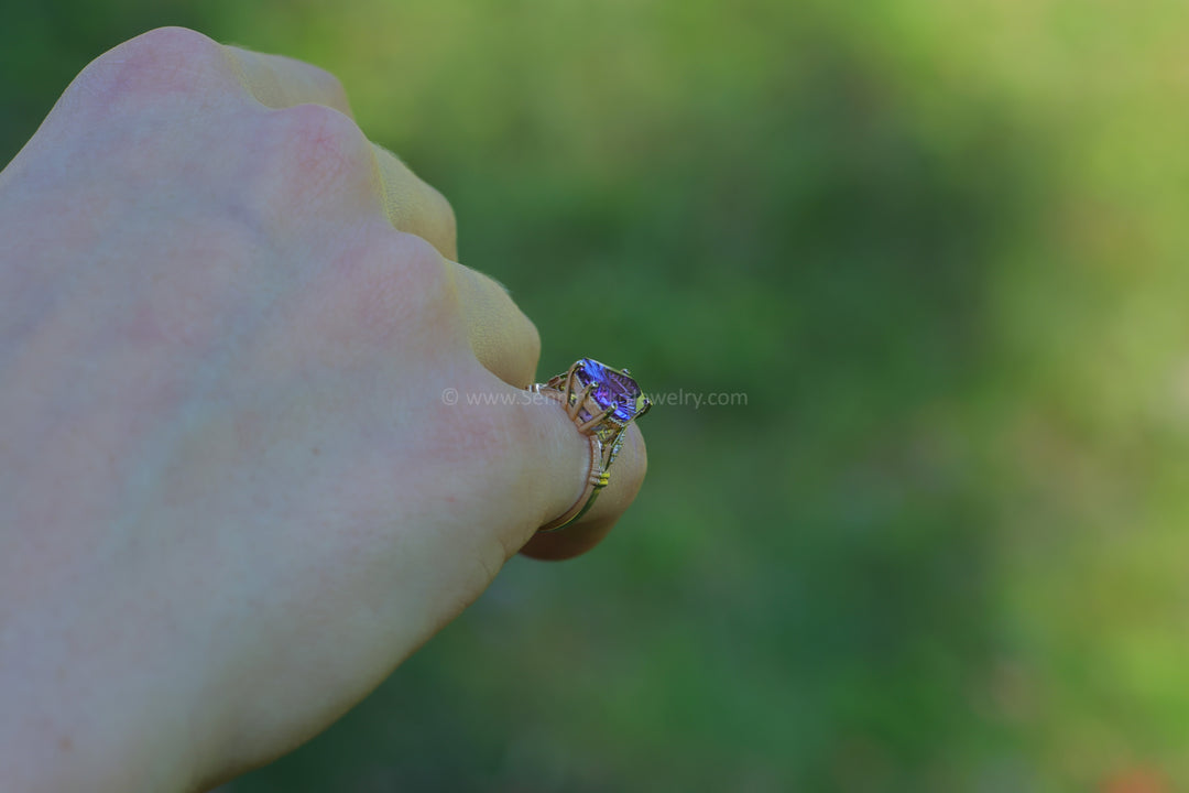 Collet Setting with Milgrain Edge and Accent Diamonds - Depicted with a Purple Tanzanite (Setting Only, Center Stone Sold Separately)