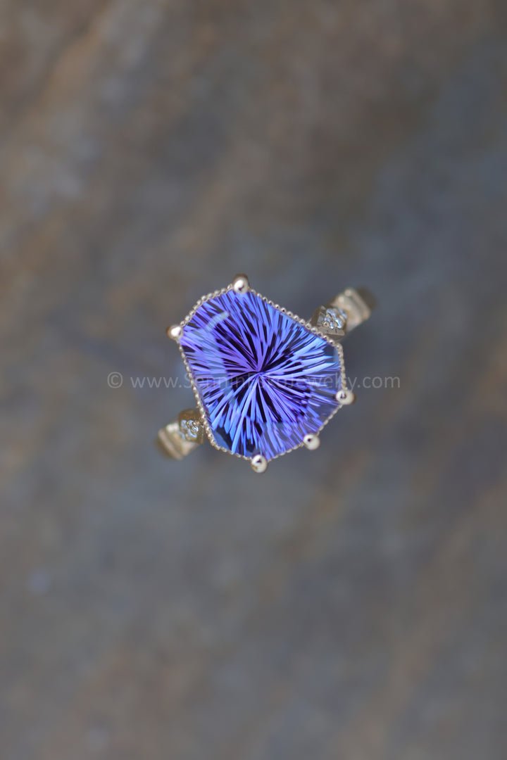 Collet Setting with Milgrain Edge and Accent Diamonds - Depicted with a Purple Tanzanite (Setting Only, Center Stone Sold Separately)