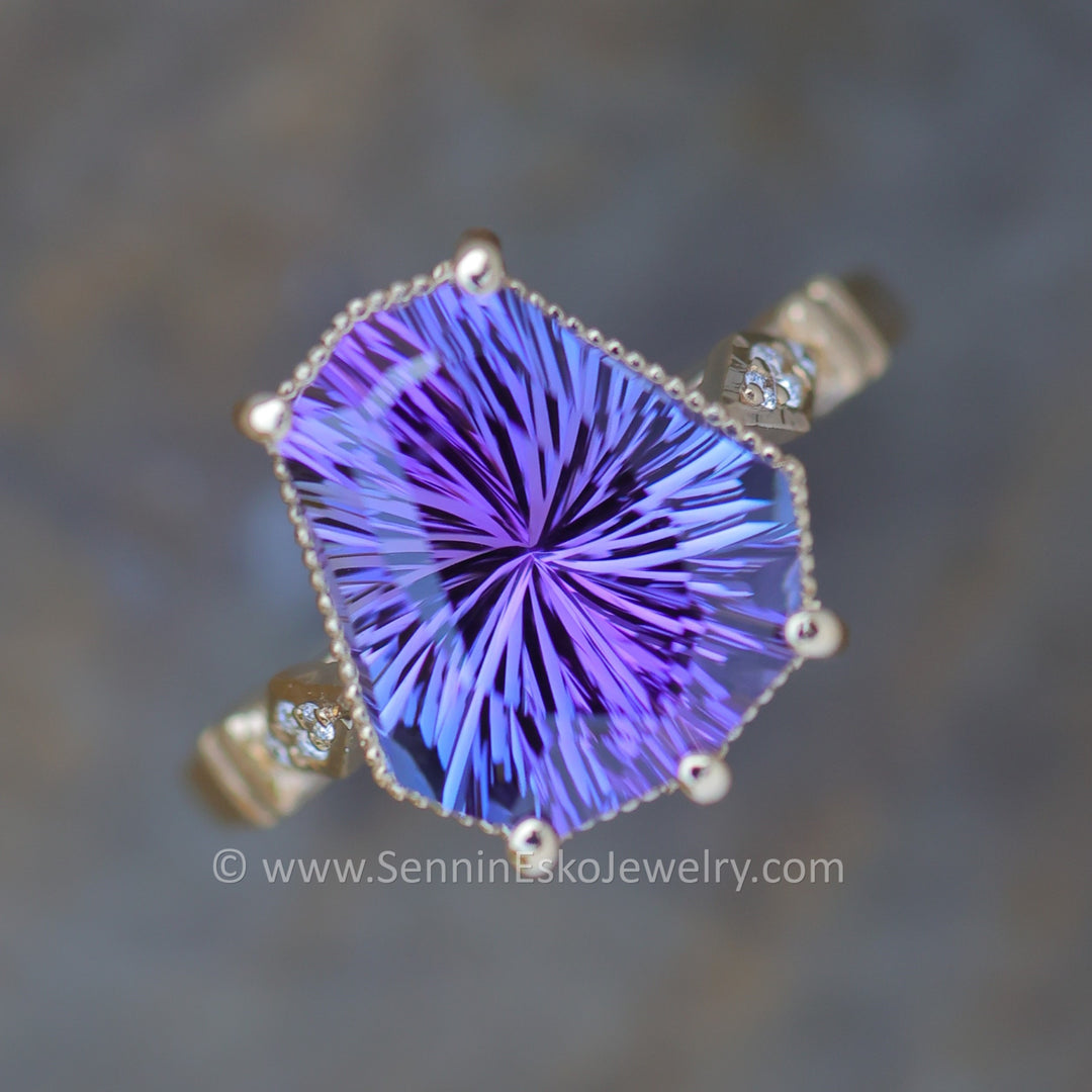 Purple Tanzanite and Diamond Yellow Gold Basket Ring