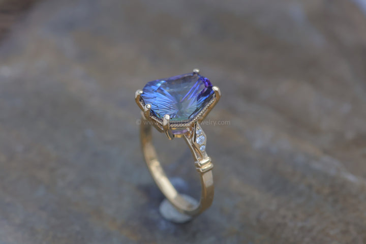 Purple Tanzanite and Diamond Yellow Gold Basket Ring