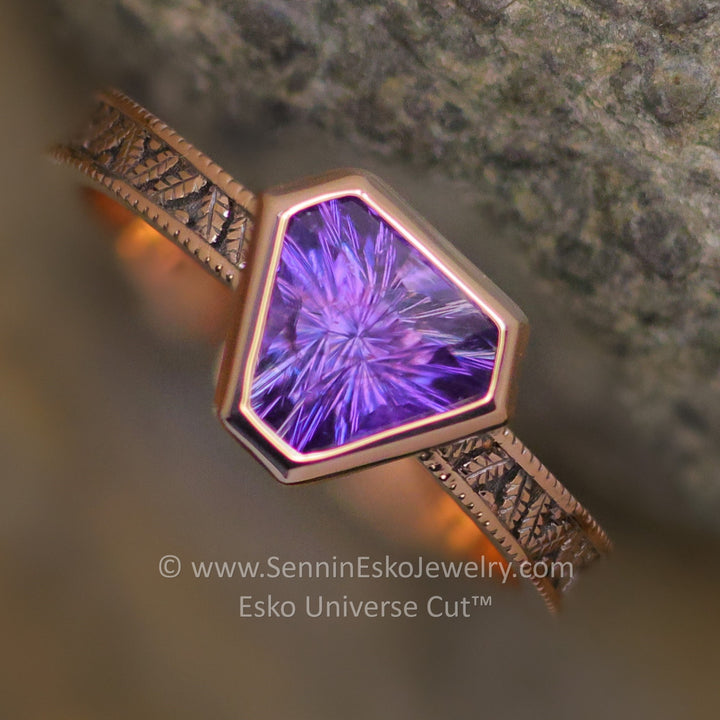 Purple Sapphire Leaf Engraved Bezel Ring