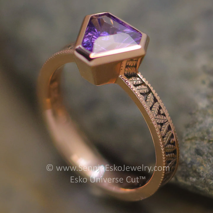 Purple Sapphire Leaf Engraved Bezel Ring