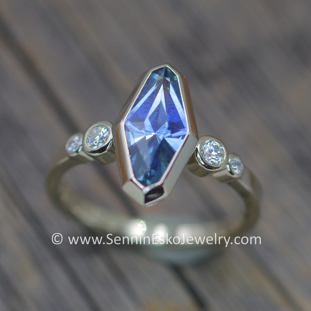 Five Stone Diamond Accented Multi Bezel Setting - Depicted with a Precision cut 1.76ct Umba Sapphire Marquise  (Setting Only, Center Stone Sold Separately)