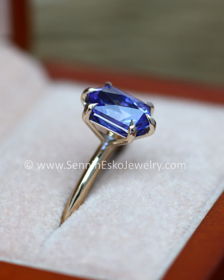 Blurple 6 prong claw set 18kt white gold tanzanite hexagon ring