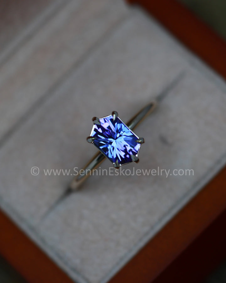 Blurple 6 prong claw set 18kt white gold tanzanite hexagon ring