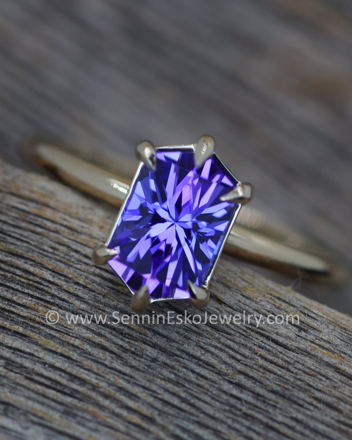 Blurple 6 prong claw set 18kt white gold tanzanite hexagon ring