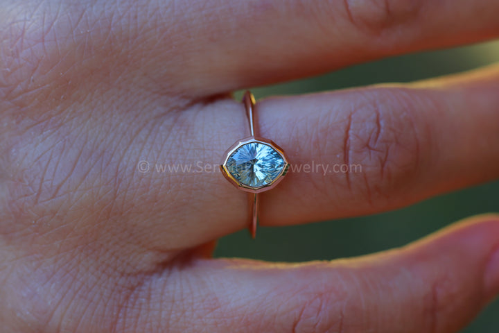READY TO SHIP 1.4 Carat Blue Sapphire Navette Rose Gold Bezel Ring - Size 6.5