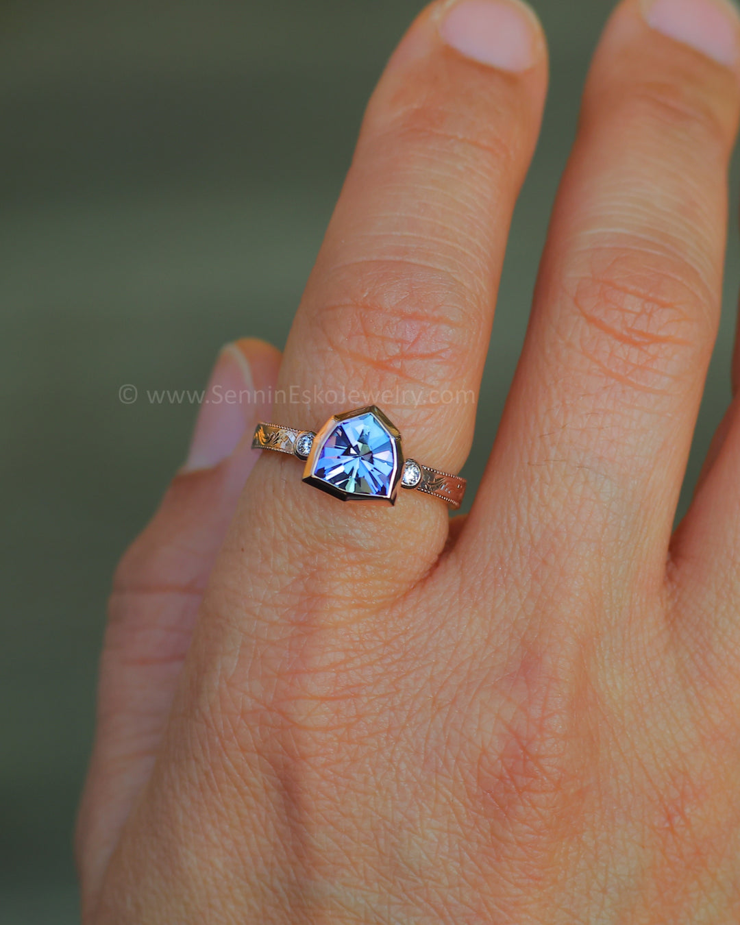 Branches & Leaves Bright Cut Engraved Bezel Ring - Depicted with a Lilac Tanzanite Shield Setting Only, Center Stone Sold Separately)