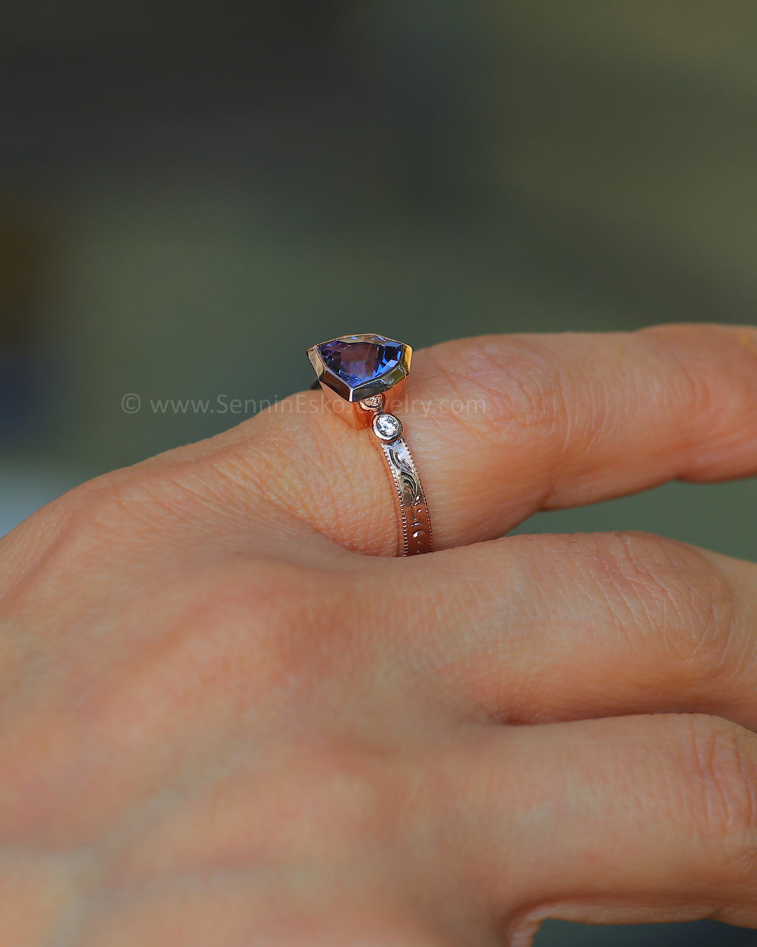 Branches & Leaves Bright Cut Engraved Bezel Ring - Depicted with a Lilac Tanzanite Shield Setting Only, Center Stone Sold Separately)
