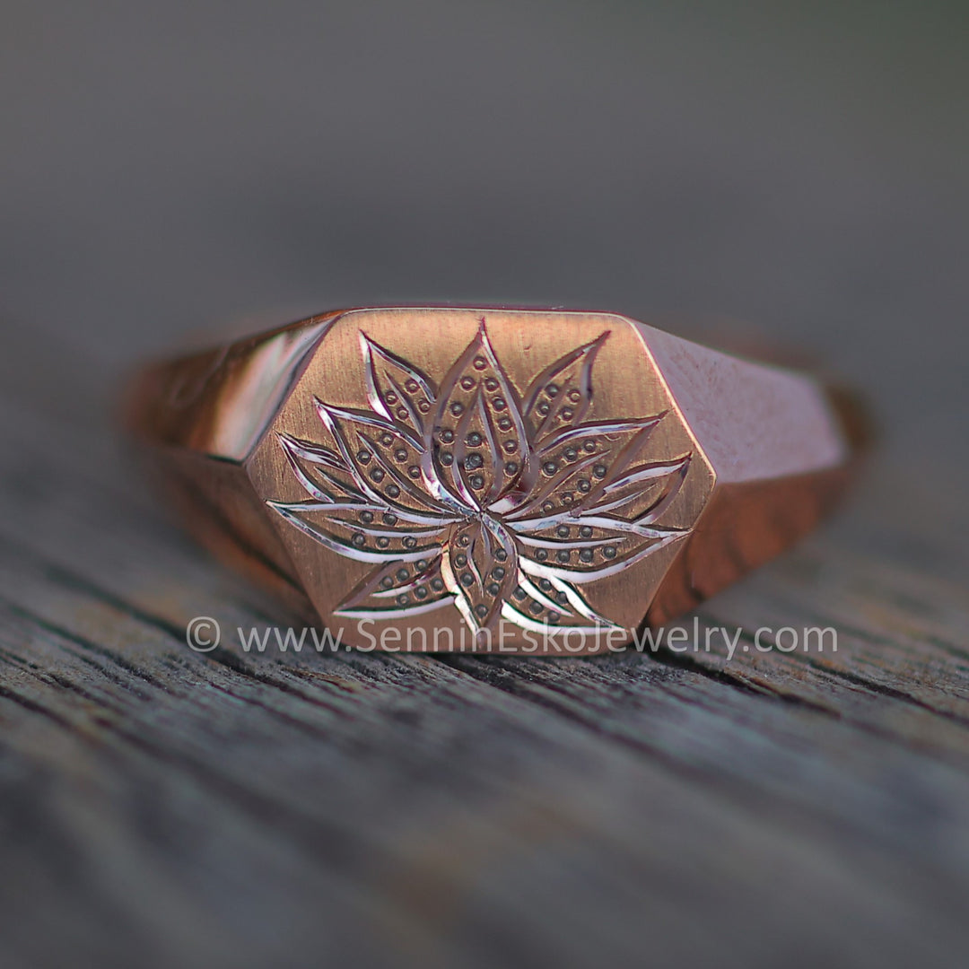 Lotus Signet Ring - 14kt Rose Gold Bright Cut Engraving