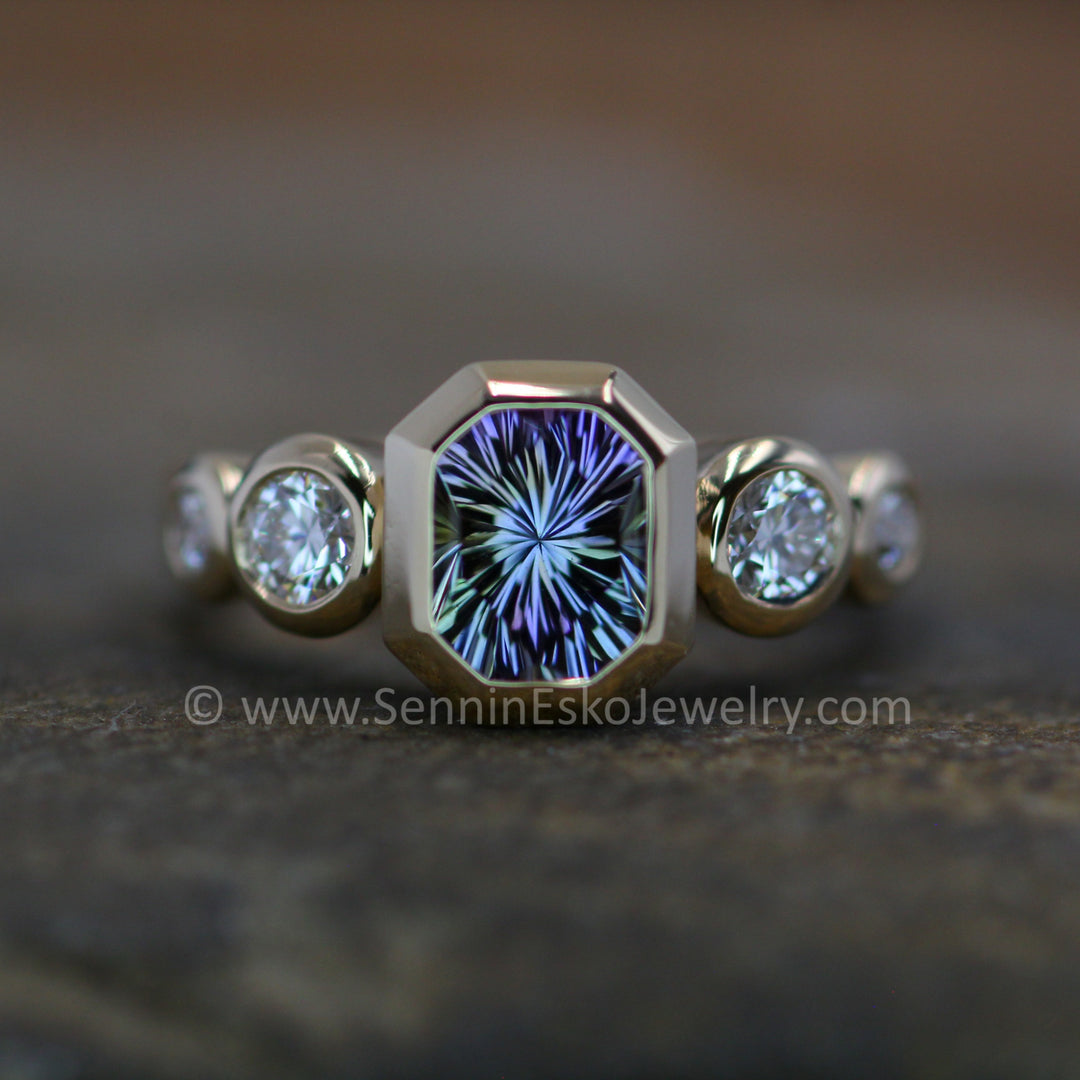 Five Stone Diamond Accented Multi Bezel Setting Depicted with a Fantasy cut Tanzanite Octagon (Setting Only, Center Stone Sold Separately)
