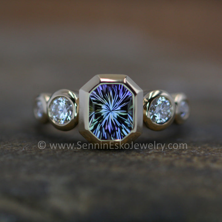 Five Stone Diamond Accented Multi Bezel Setting - Depicted with a Fantasy cut Tanzanite Octagon (Setting Only, Center Stone Sold Separately)
