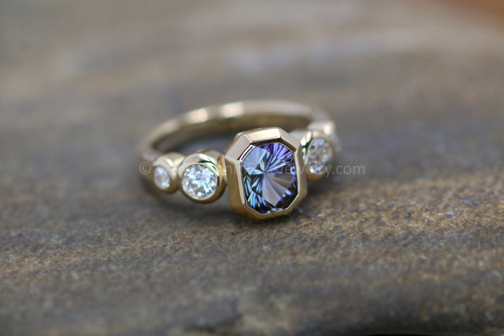 Five Stone Diamond Accented Multi Bezel Setting - Depicted with a Fantasy cut Tanzanite Octagon (Setting Only, Center Stone Sold Separately)