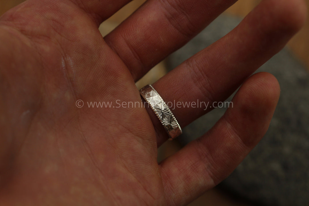 Custom Listing - 14 kt Rose Go.d Bright Cut Diamond Pattern Hand Engraved 5x1.2mm Band