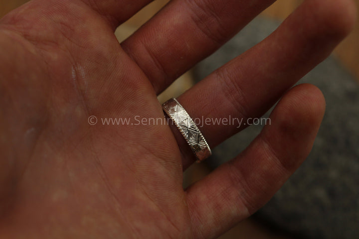 Custom Listing - 14 kt Rose Go.d Bright Cut Diamond Pattern Hand Engraved 5x1.2mm Band